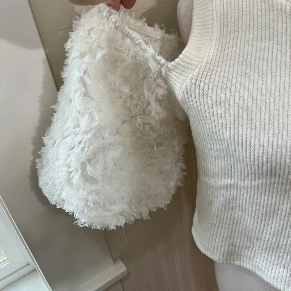 Zara Cold Shoulder Knit Top Faux Fur Statement Sleeves Cream Large
